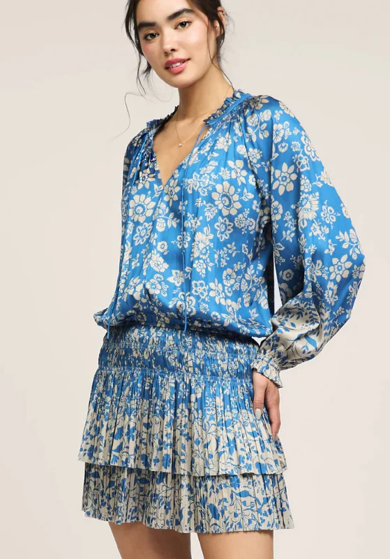 Keely Blue Print Pleated Current Air Mini Dress Elegant Satin Lace Mini Dress