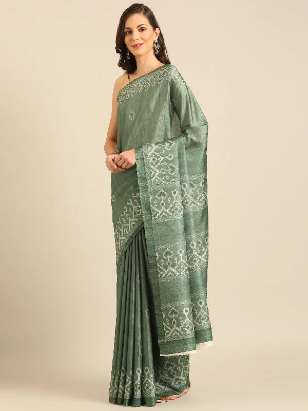 Women Green Cotton Saree With Un Stitched Blouse - Aanika Off-Shoulder Wrap Blouse