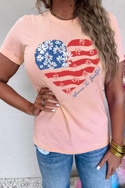 Pink Floral American Flag Heart Shape Graphic T Shirt-- Sequined Glittery Shiny