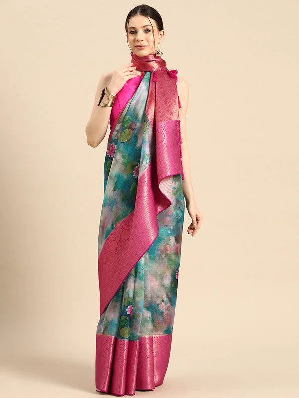 Multicolor Munga Silk Digital Print Floral Saree with Unstitched Blouse - Hiral Fashion Frilled Cuff Blouse Multicolor Munga Silk Digital Print Floral Saree with Unstitched Blouse - Hiral Fashion Frilled Cuff Blouse