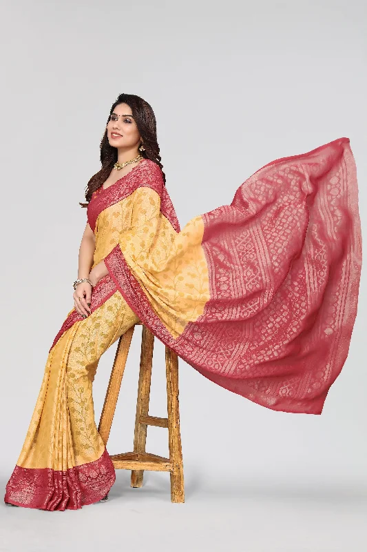 NOZ2TOZ Women Party Wear Printed Brasso Chiffon Saree with Unstitched Blouse - Yellow Polished Work Blouse NOZ2TOZ Women Party Wear Printed Brasso Chiffon Saree with Unstitched Blouse - Yellow Polished Work Blouse