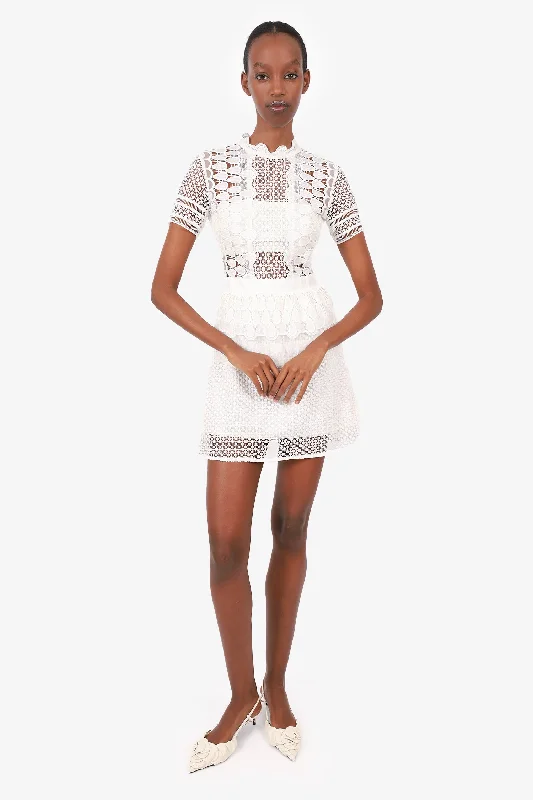 Self-Portrait White Eyelet Short Sleeve Mini Dress Size 2 Cozy Cowl Neck Mini Dress