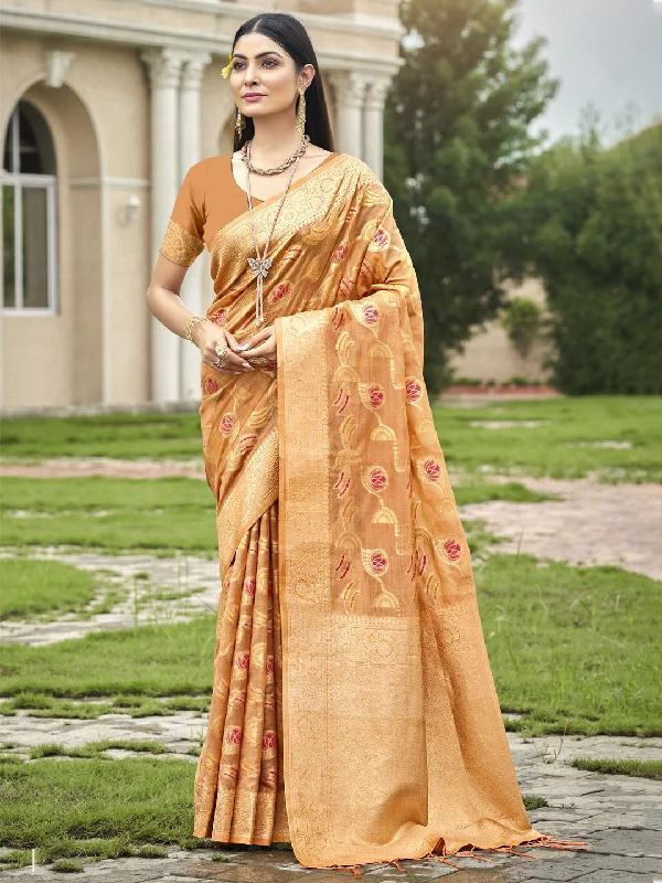 Women Orange Organza Saree With Un Stitched Blouse - Aanika Delicate Pleat Blouse