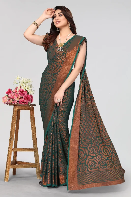 NOZ2TOZ Women Party Wear Printed Brasso Chiffon Saree with Unstitched Blouse - Bottle Green Satin Drape Blouse NOZ2TOZ Women Party Wear Printed Brasso Chiffon Saree with Unstitched Blouse - Bottle Green Satin Drape Blouse