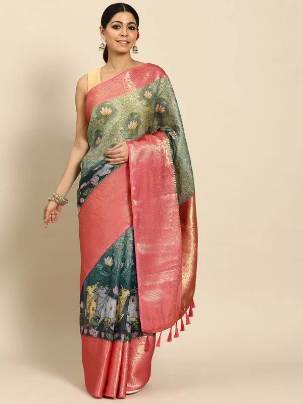Green Munga Silk Digital Print Animal Print Saree with Unstitched Blouse - Hiral Fashion Classic Striped Blouse Green Munga Silk Digital Print Animal Print Saree with Unstitched Blouse - Hiral Fashion Classic Striped Blouse