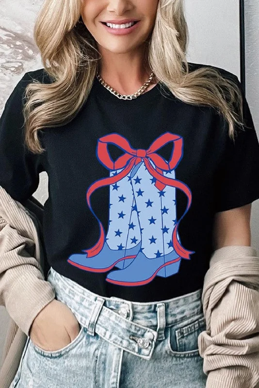 Black Western Star Boots Bow Knot Print Crew Neck T Shirt-- Spandex Blend Rayon Blend Denim Blend Black Western Star Boots Bow Knot Print Crew Neck T Shirt-- Spandex Blend Rayon Blend Denim Blend