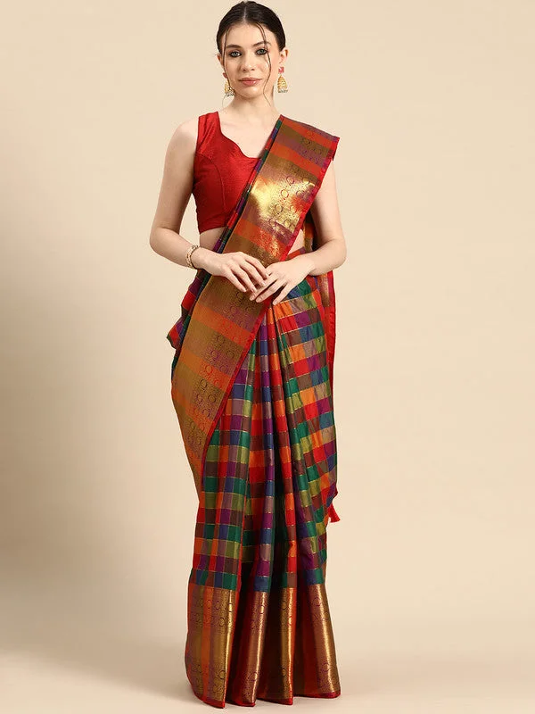 Multicolor Kanjeevaram Silk ColorBlock Checked Saree with Unstitched Blouse - Hiral Fashion Feminine Puff Blouse Multicolor Kanjeevaram Silk ColorBlock Checked Saree with Unstitched Blouse - Hiral Fashion Feminine Puff Blouse