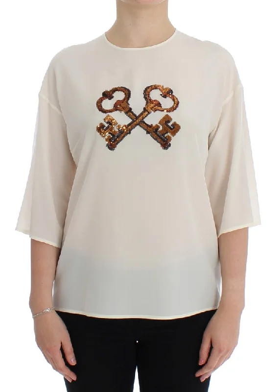 Dolce & Gabbana Ivory Sequined Silk Blouse Women's Top Boho Printed Blouse