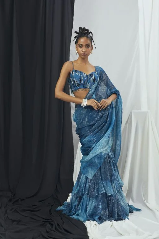 Pre Draped Ruffle Saree with Embriodered Blouse Set Classic White Blouse
