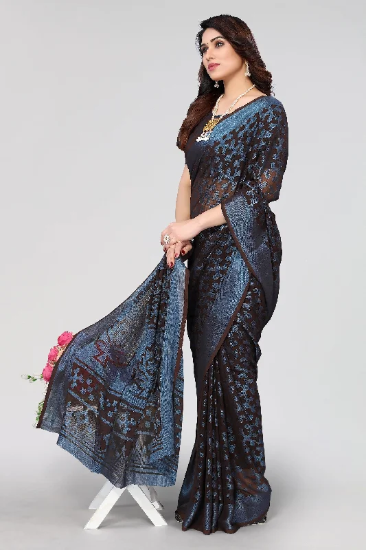 NOZ2TOZ Women Party Wear Printed Brasso Chiffon Saree with Unstitched Blouse - Black Elegant Office Blouse NOZ2TOZ Women Party Wear Printed Brasso Chiffon Saree with Unstitched Blouse - Black Elegant Office Blouse