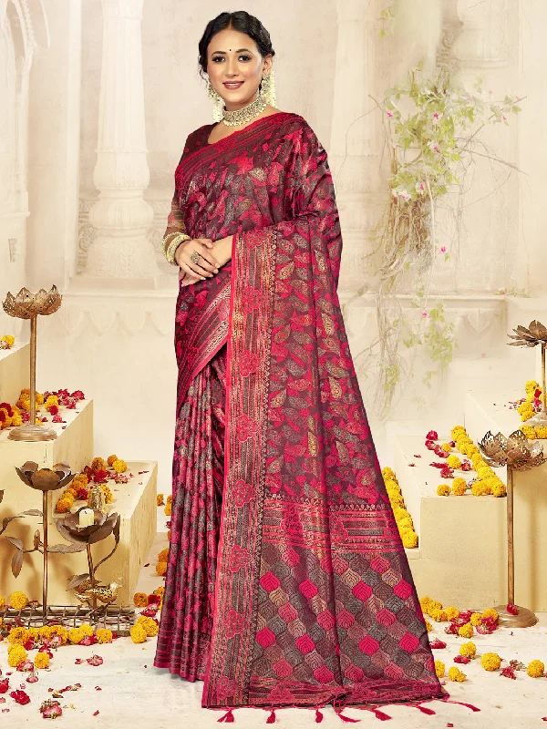 Women Rani Satin Silk Saree With Un Stitched Blouse - Aanika Silky Draped Blouse