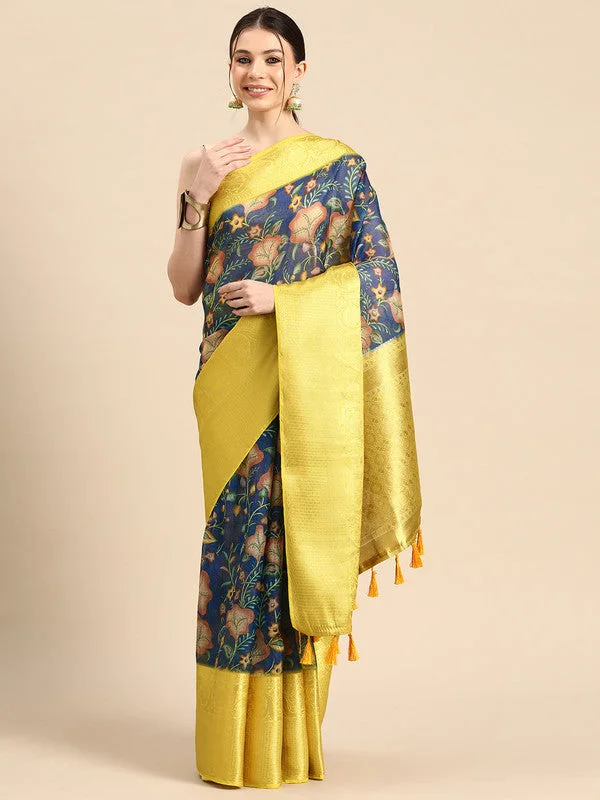 Dark Blue Munga Silk Digital Print Floral Saree with Unstitched Blouse - Hiral Fashion Pastel Color Blouse Dark Blue Munga Silk Digital Print Floral Saree with Unstitched Blouse - Hiral Fashion Pastel Color Blouse