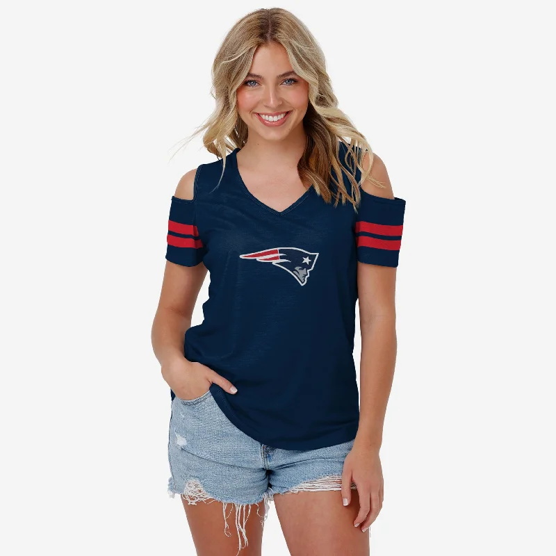 New England Patriots Womens Cold Shoulder T-Shirt-- Striped Floral Plaid