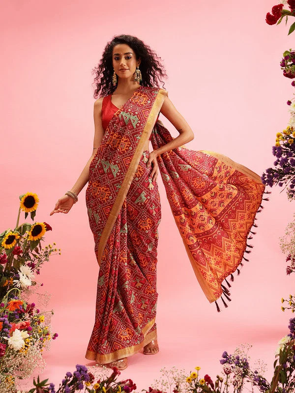 Maroon Silk Blend Digital Print Ikkat Saree with Unstitched Blouse - Hiral Fashion Oversized Silk Blouse Maroon Silk Blend Digital Print Ikkat Saree with Unstitched Blouse - Hiral Fashion Oversized Silk Blouse