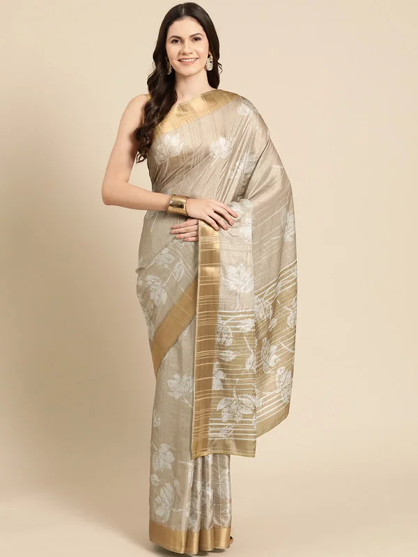 Beige Silk Blend Digital Print Floral Saree with Unstitched Blouse - Hiral Fashion Modern Oversized Blouse