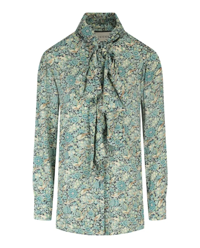 Gucci Womens Floral Print Tie Neck Long Sleeve Blouse Feminine Puff Blouse