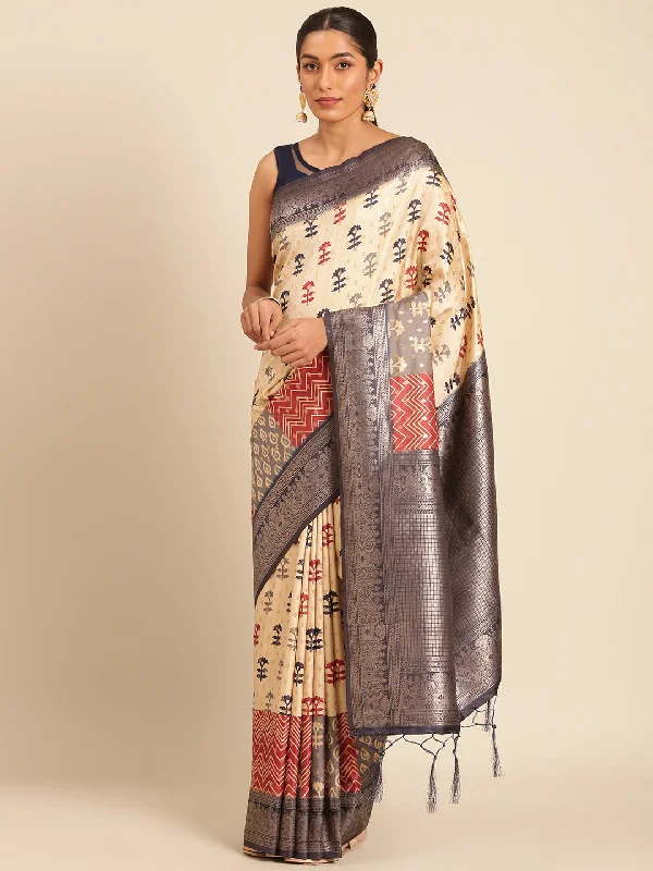 Women Cream Silk Saree With Un Stitched Blouse - Aanika Drape Neck Blouse