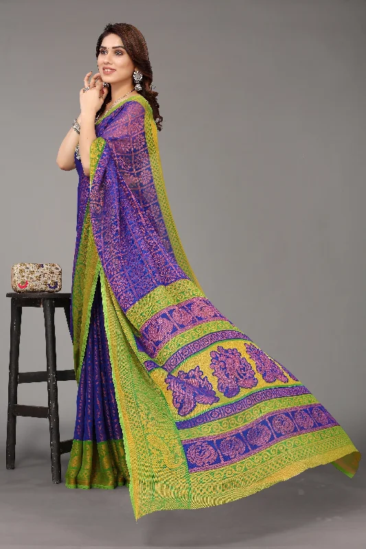 NOZ2TOZ Women Party Wear Printed Brasso Chiffon Saree with Unstitched Blouse - Royal Blue Double-Layered Blouse NOZ2TOZ Women Party Wear Printed Brasso Chiffon Saree with Unstitched Blouse - Royal Blue Double-Layered Blouse