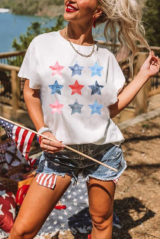 White Flag Day Stars Print Crew Neck T Shirt-- Chenille Brocade Lace