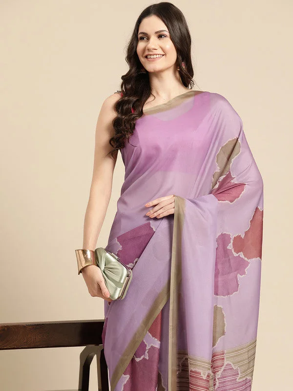 Purple Silk Blend Printed Abstract Saree with Unstitched Blouse - Hiral Fashion Cotton Casual Blouse Purple Silk Blend Printed Abstract Saree with Unstitched Blouse - Hiral Fashion Cotton Casual Blouse