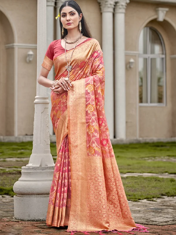 Women Pink Organza Saree With Un Stitched Blouse - Aanika Side Tie Blouse