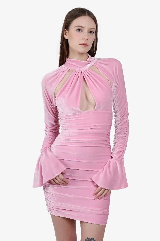 Blumarine Pink Cutout Ruched Stretch Velvet Mini Dress Size 2 Chic Pleated Mini Dress Blumarine Pink Cutout Ruched Stretch Velvet Mini Dress Size 2 Chic Pleated Mini Dress