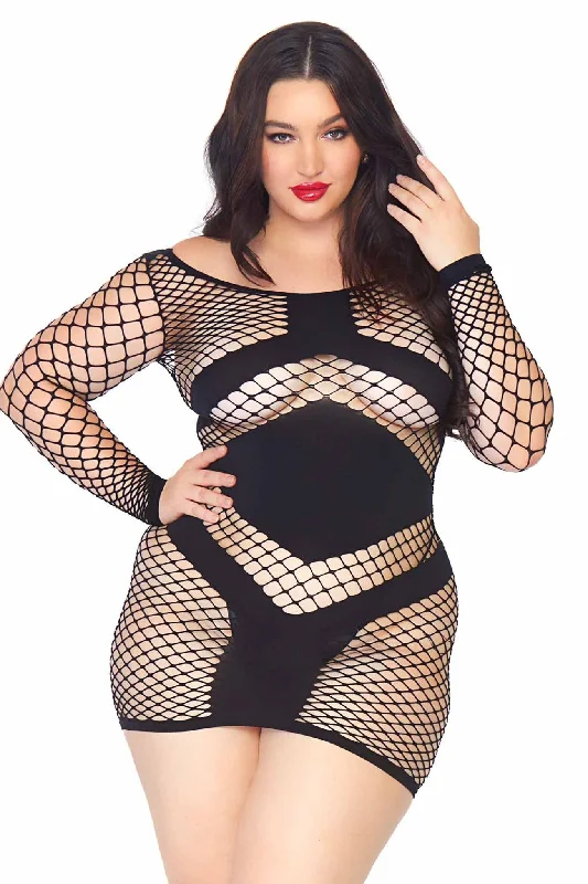 Diamond Net Long Sleeved Mini Dress, Opaque Accents Elegant Off-Shoulder Dress Mini