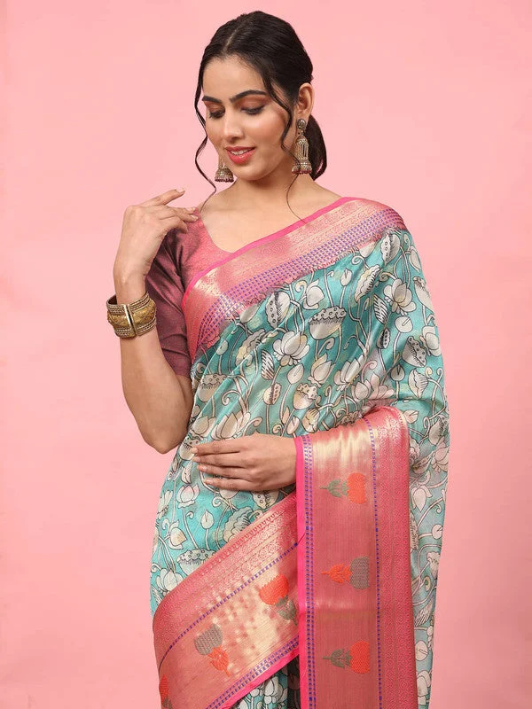 Turquoise Art Silk Digital Print Floral Saree with Unstitched Blouse - Hiral Fashion Floral Chiffon Blouse Turquoise Art Silk Digital Print Floral Saree with Unstitched Blouse - Hiral Fashion Floral Chiffon Blouse