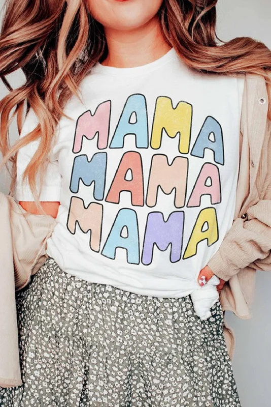 White MAMA Slogan Print Crew Neck Casual T Shirt-- Mesh Canvas Denim