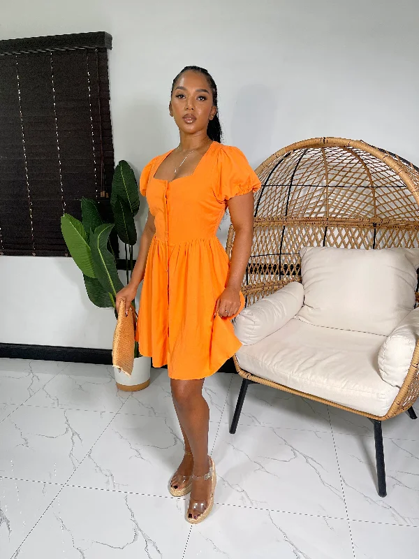 Syrah Square Neck Mini Dress-Orange Fashionable Mini Dress with Pockets