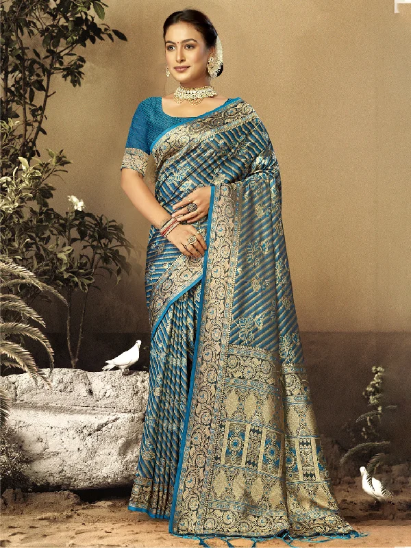 Women Blue Satin Silk Saree With Un Stitched Blouse - Aanika Loose Fit Blouse