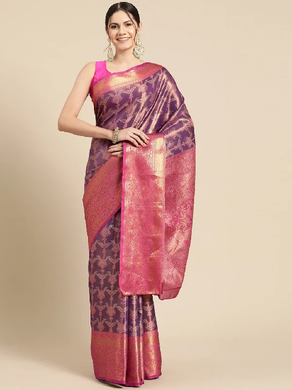 Purple Brocade Zari Woven Floral Saree with Unstitched Blouse - Hiral Fashion Mandarin Collar Blouse Purple Brocade Zari Woven Floral Saree with Unstitched Blouse - Hiral Fashion Mandarin Collar Blouse