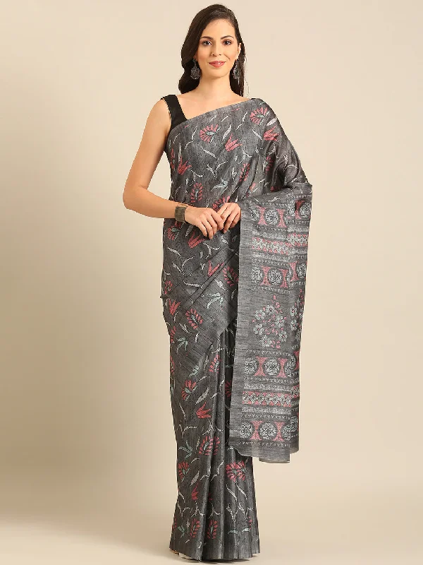 Women Grey Cotton Saree With Un Stitched Blouse - Aanika Soft Knit Blouse