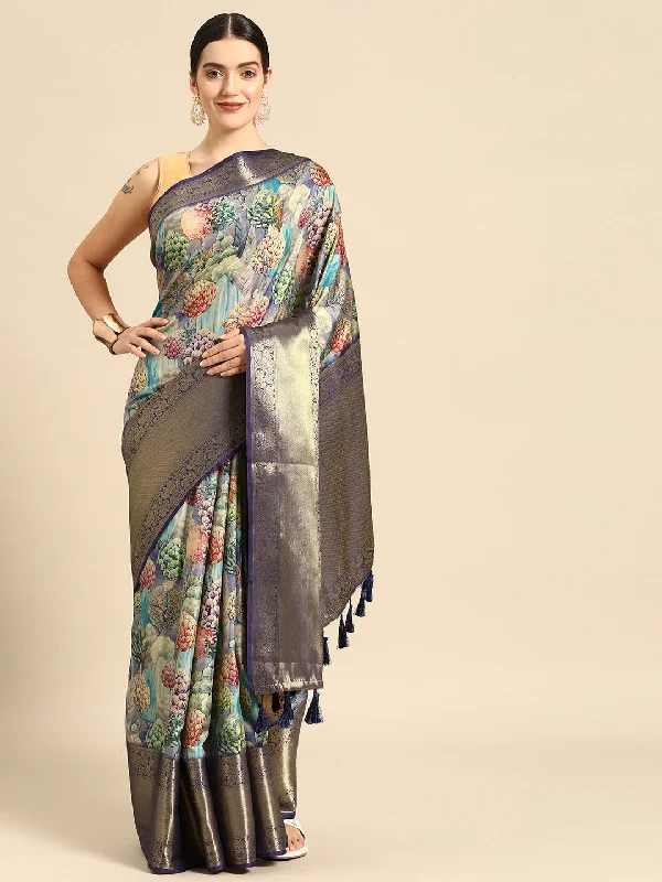 Blue Kanchipuram Silk Digital Print Floral Saree with Unstitched Blouse - Hiral Fashion Collared Satin Blouse Blue Kanchipuram Silk Digital Print Floral Saree with Unstitched Blouse - Hiral Fashion Collared Satin Blouse