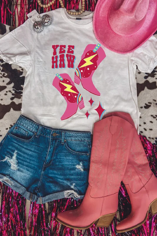 White YEE HAW Western Boots Print Crewneck T Shirt-- Cashmere Blend Cotton Blend Poly Blend White YEE HAW Western Boots Print Crewneck T Shirt-- Cashmere Blend Cotton Blend Poly Blend
