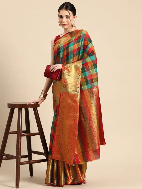 Multicolor Kanjeevaram Silk ColorBlock Checked Saree with Unstitched Blouse - Hiral Fashion Sheer Sleeve Blouse Multicolor Kanjeevaram Silk ColorBlock Checked Saree with Unstitched Blouse - Hiral Fashion Sheer Sleeve Blouse