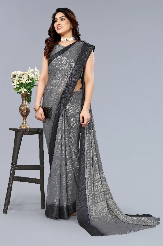 NOZ2TOZ Women Party Wear Printed Brasso Chiffon Saree with Unstitched Blouse - Grey Feminine Tie Blouse NOZ2TOZ Women Party Wear Printed Brasso Chiffon Saree with Unstitched Blouse - Grey Feminine Tie Blouse