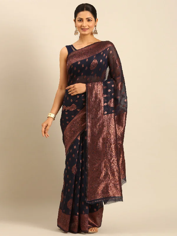 Women Navy Blue Cotton Saree With Un Stitched Blouse - Aanika Sleeveless Summer Blouse Women Navy Blue Cotton Saree With Un Stitched Blouse - Aanika Sleeveless Summer Blouse