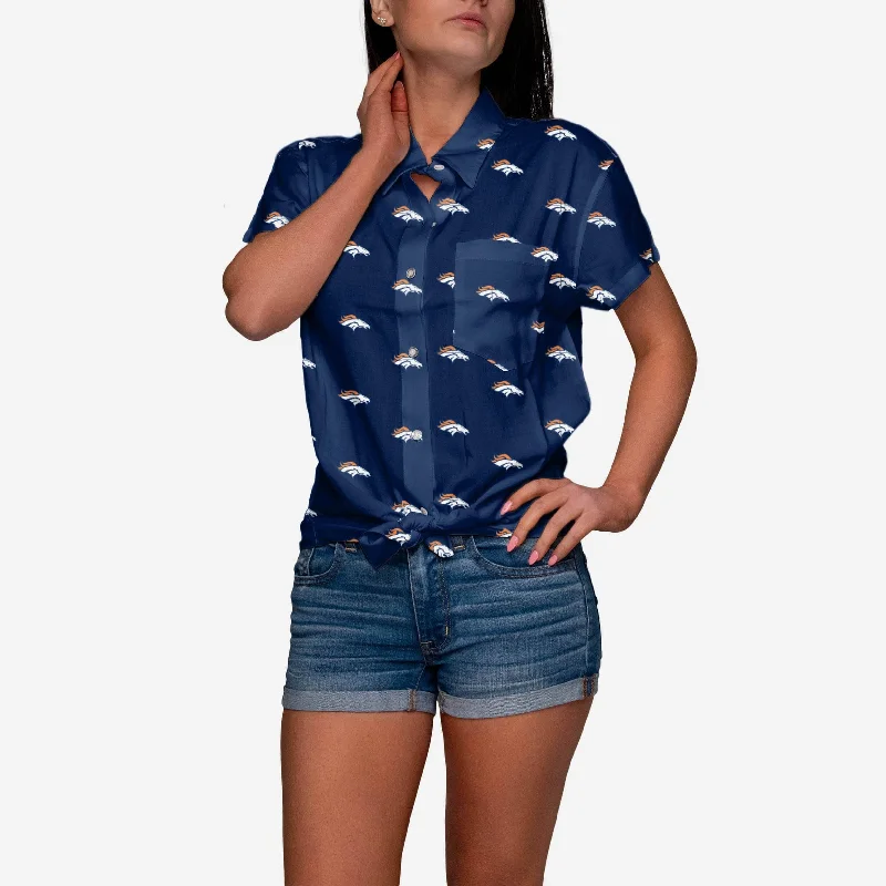 Denver Broncos Logo Blast Womens Button Up Shirt-- Solid Print Embellished