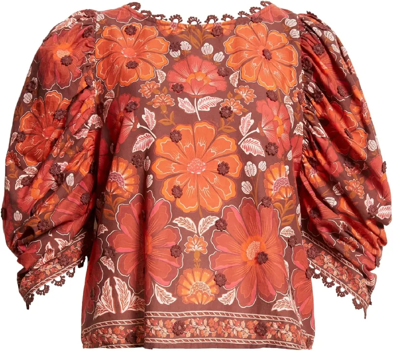 Farm Rio Women's Gigi Tapestry Brown Blouse Peter Pan Collar Blouse