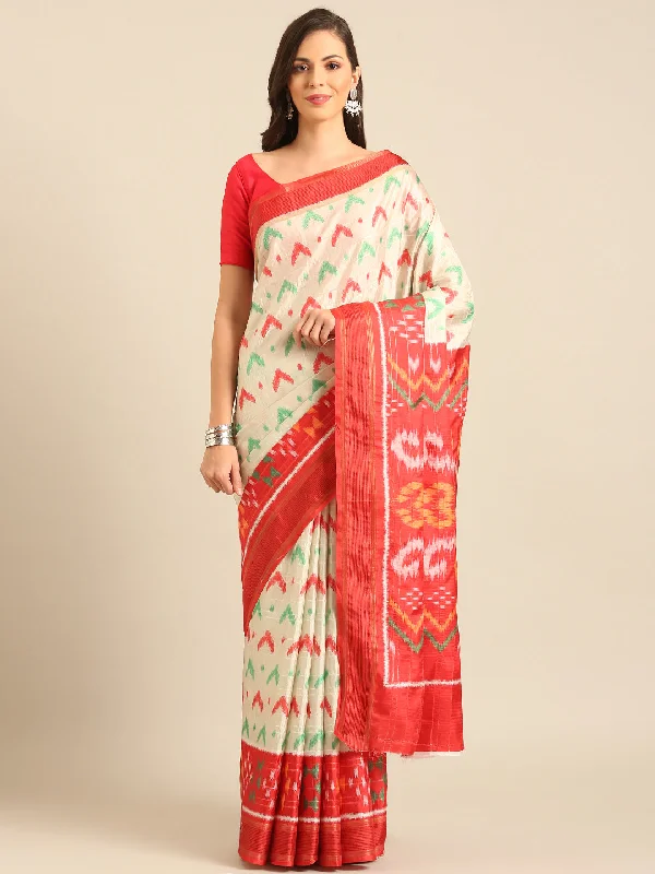 Women Cream Cotton Saree With Un Stitched Blouse - Aanika Backless Summer Blouse