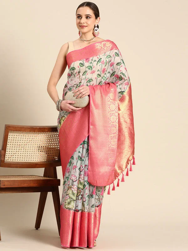 Beige Munga Silk Digital Print Kalamkari Saree with Unstitched Blouse - Hiral Fashion Pleated Collar Blouse Beige Munga Silk Digital Print Kalamkari Saree with Unstitched Blouse - Hiral Fashion Pleated Collar Blouse