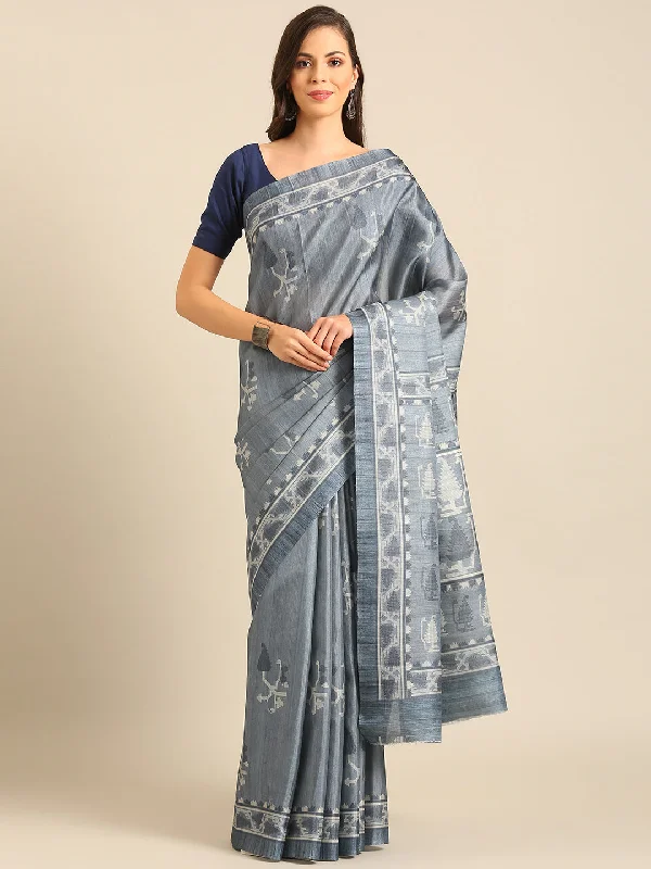 Women Grey Cotton Saree With Un Stitched Blouse - Aanika Boho Chic Blouse