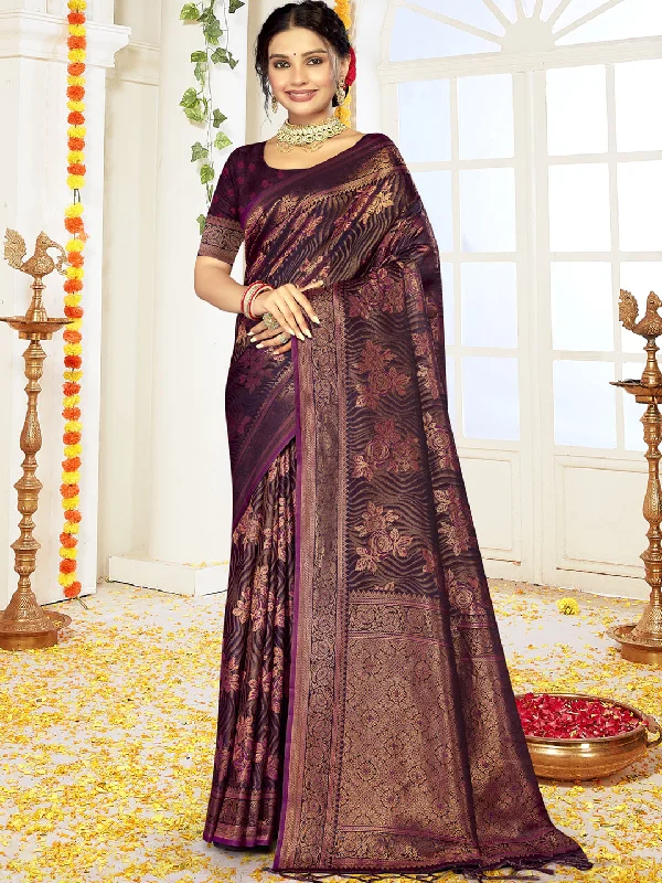Women Wine Satin Silk Saree With Un Stitched Blouse - Aanika Elegant Lace Blouse