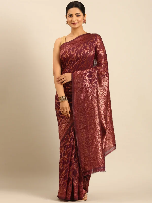 Women Purple Cotton Saree With Un Stitched Blouse - Aanika Mandarin Collar Blouse