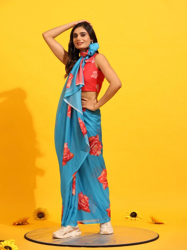 Blue Silk Blend Printed Floral Saree with Unstitched Blouse - Hiral Fashion Gathered Detail Blouse Blue Silk Blend Printed Floral Saree with Unstitched Blouse - Hiral Fashion Gathered Detail Blouse