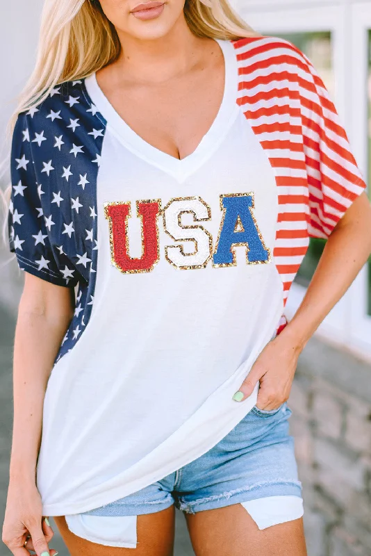 White Chenille USA Stars and Stripes Printed V Neck T Shirt-- Striped Floral Plaid