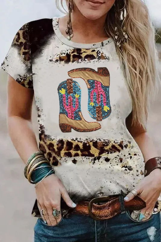 Leopard Tie Dye Sequin Cactus Cowboy Boots Graphic T Shirt-- V-Neck T-Shirt Long Sleeve Cotton Leopard Tie Dye Sequin Cactus Cowboy Boots Graphic T Shirt-- V-Neck T-Shirt Long Sleeve Cotton