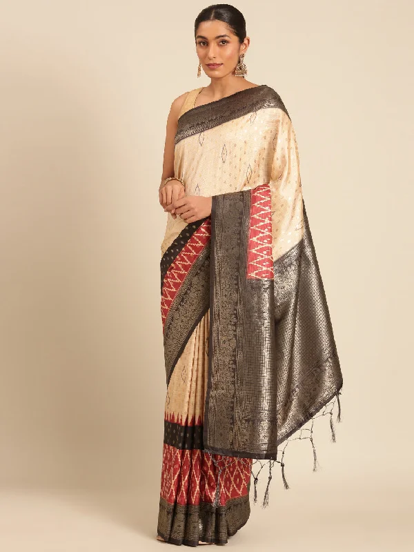 Women Cream Silk Saree With Un Stitched Blouse - Aanika Vintage Lace Blouse