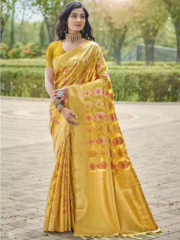 Women Yellow Organza Saree With Un Stitched Blouse - Aanika Feminine Ruffle Blouse